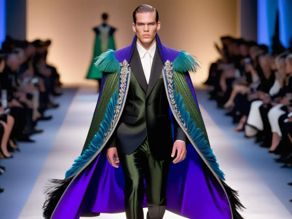 Tendencias moda masculina Alexander McQueen: modelo con traje negro bordado y capa de plumas en tonos vibrantes caminando en la pasarela