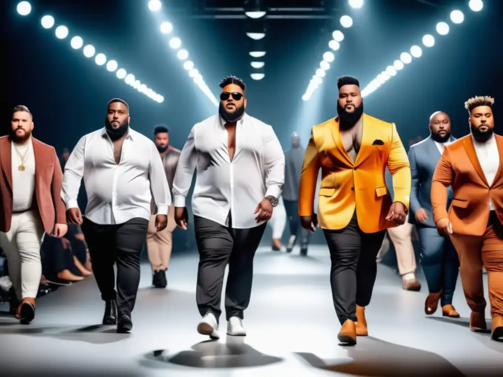 Estrategias branding moda masculina plus size: Hombres plus size seguros y estilosos desfilan en una pasarela, resaltando diversidad e inclusión