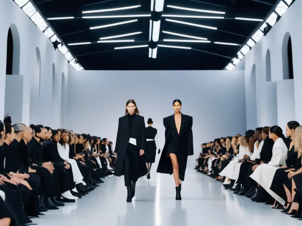 Tendencias moda masculina Yohji Yamamoto: Desfile 8k de modelos con diseños vanguardistas y minimalistas en pasarela negra con paredes blancas