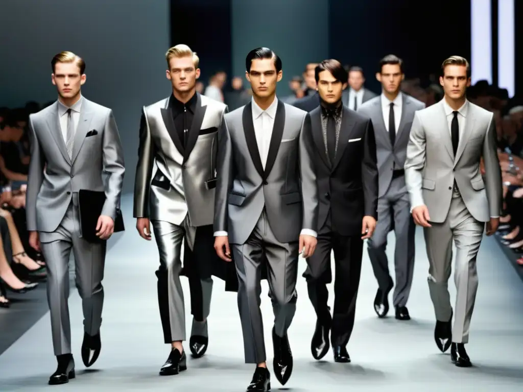 Desfile moda masculina Prada: traje gris y negro, cortes asimétricos, toques de color, diseño minimalista y sofisticación