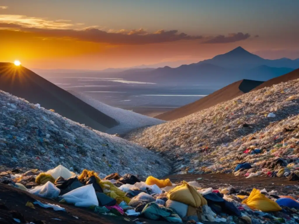 Impacto moda desechable planeta: paisaje desolador de un vertedero interminable, con montañas de ropa descartada