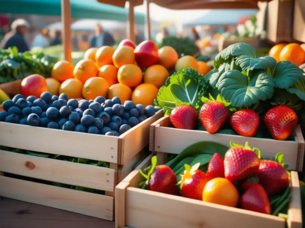 Alimentos saludables para el corazón: mercado vibrante con frutas, verduras, legumbres y granos enteros