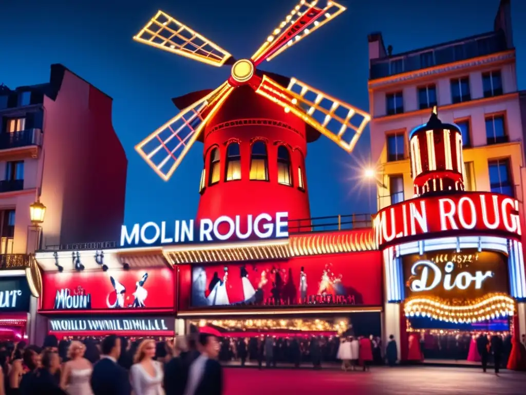 Estética de Moulin Rouge influenciada por Dior: Actriz glamorosa en vestido Dior junto al icónico molino rojo rodeado de luces y multitud