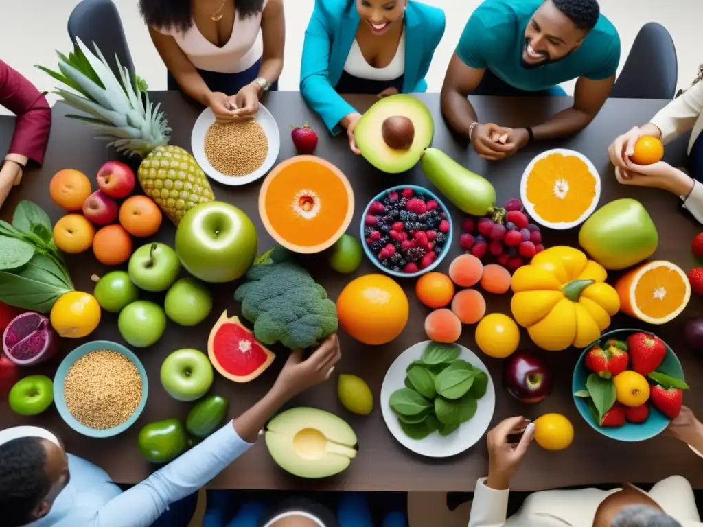 Desenmascarando mitos de nutrición: una mesa con personas debatiendo y alimentos saludables