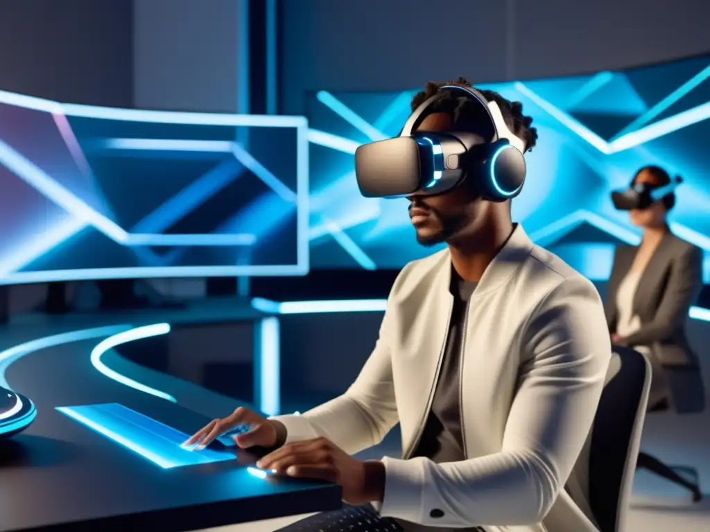 Beneficios de la realidad aumentada en moda masculina: diseñador inmerso en realidad virtual manipulando prendas en un ambiente futurista