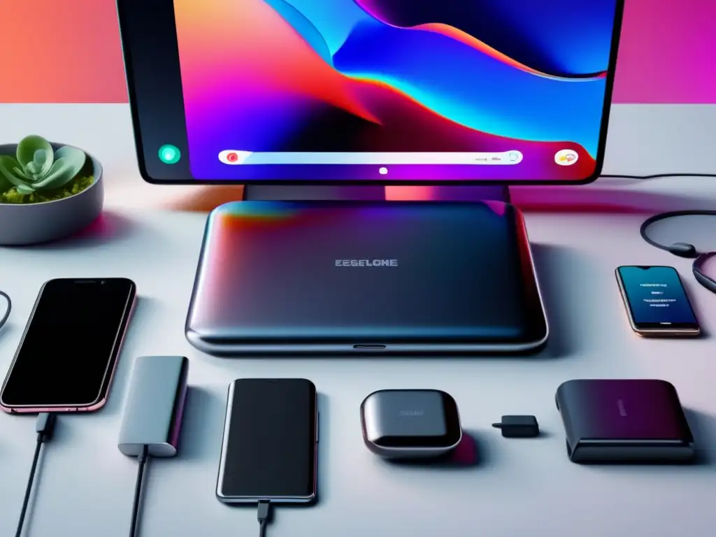 Dispositivos electrónicos esenciales para viajeros modernos Imprescindibles para viajero moderno: gadgets electrónicos de alta tecnología, organizados en un elegante y minimalista setup