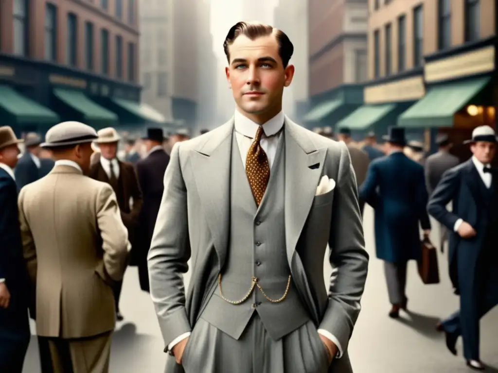 Tendencias moda masculina años 20: Dapper caballero en traje de tres piezas, exudando confianza y sofisticación en las bulliciosas calles de la ciudad