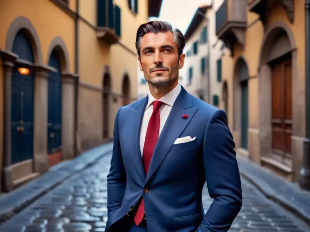 Tendencias moda masculina estilo italiano: Caballero italiano elegante en Florencia, con traje azul marino y accesorios sofisticados