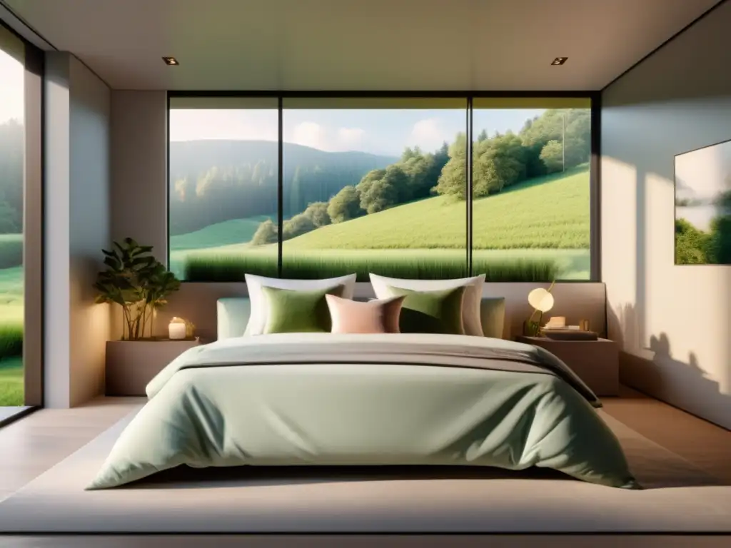 Beneficios del sueño para la apariencia: Hermosa habitación serena con cama lujosa, iluminación natural y vista a la naturaleza