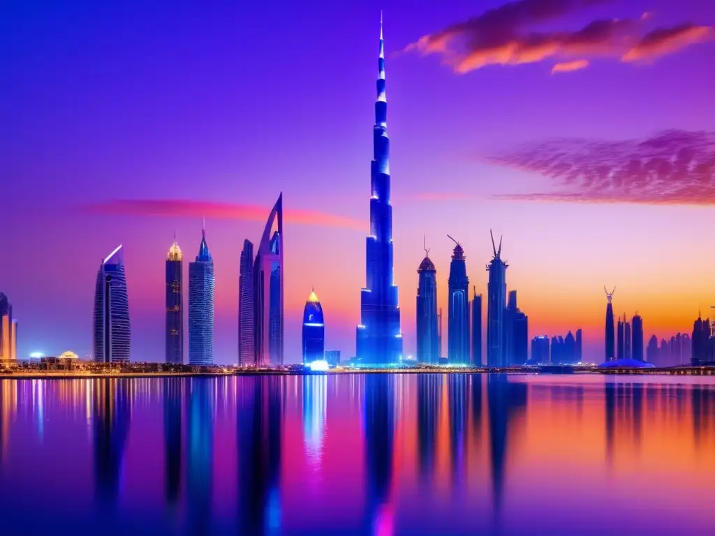 Skyline de Dubai al atardecer Skyline de Dubai al atardecer con arquitectura moderna y ambiente urbano vibrante