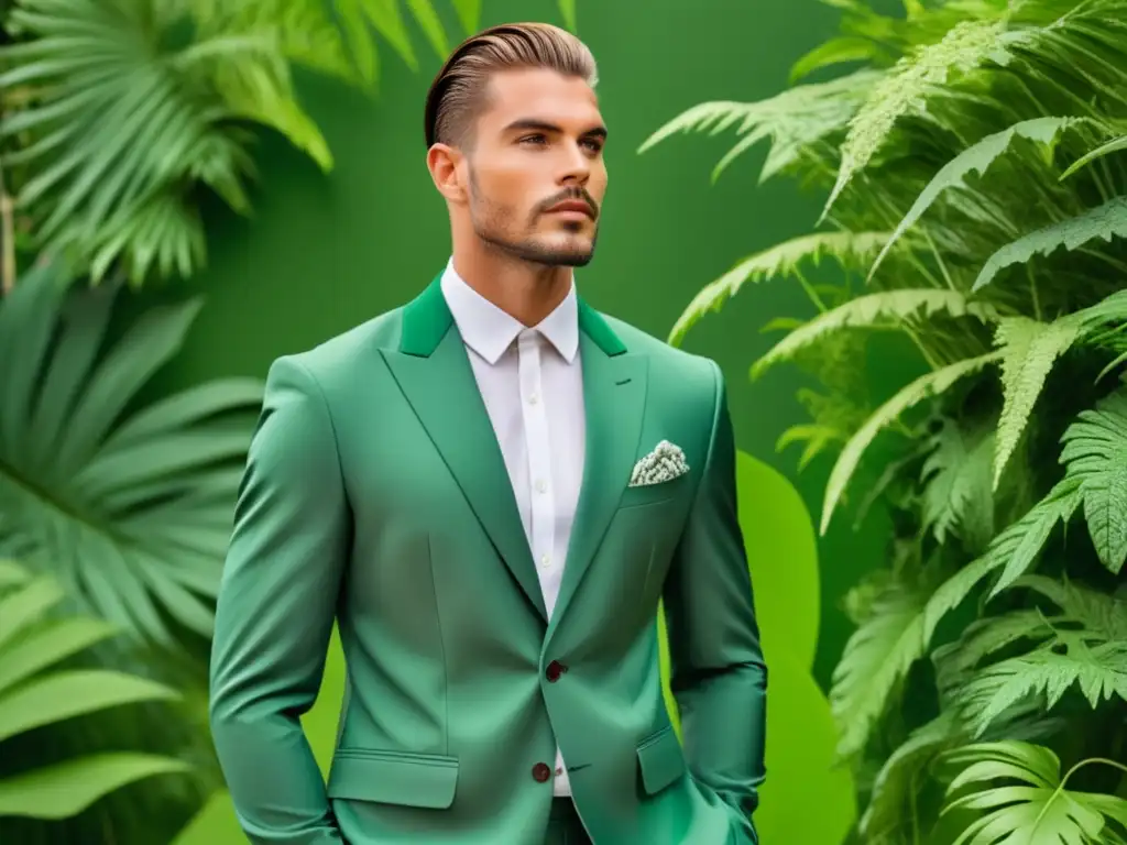 Modelo masculino impacto moda sostenible, elegancia y armonía con el medio ambiente