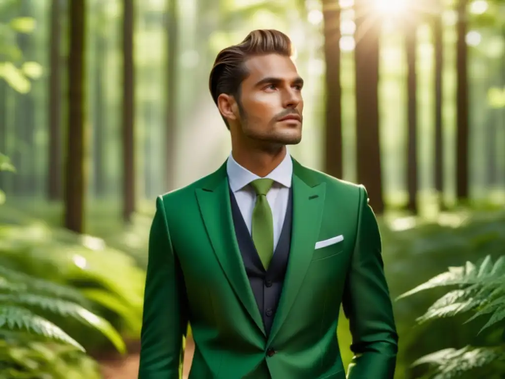 Hombre bien vestido en bosque verde, moda masculina ecofriendly - Tendencias moda masculina ecofriendly adoptar