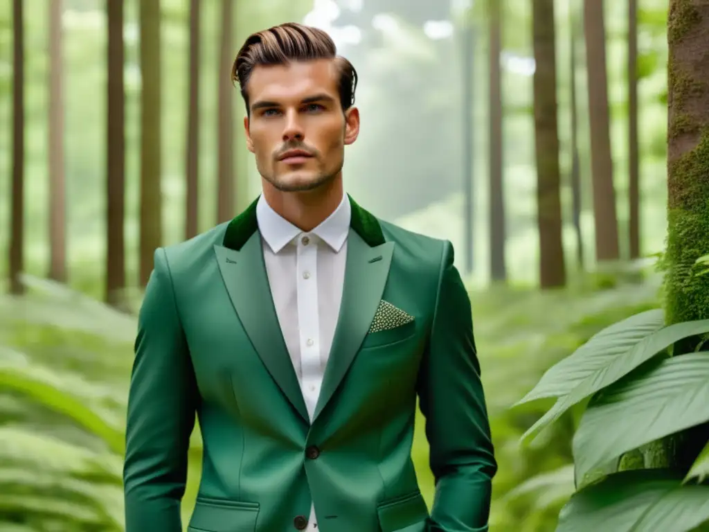 Modelo masculino de moda sostenible en un bosque, destacando beneficios de la moda sostenible masculina en cuidado personal