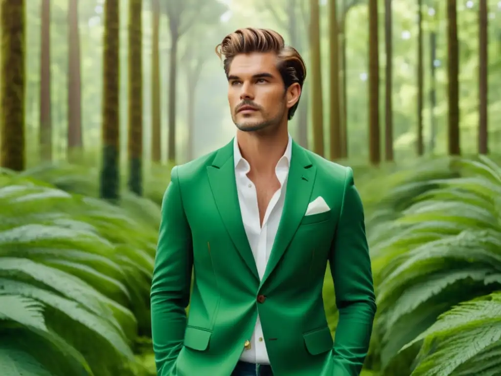 Moda masculina sostenible y deforestación: modelo elegante en bosque verde