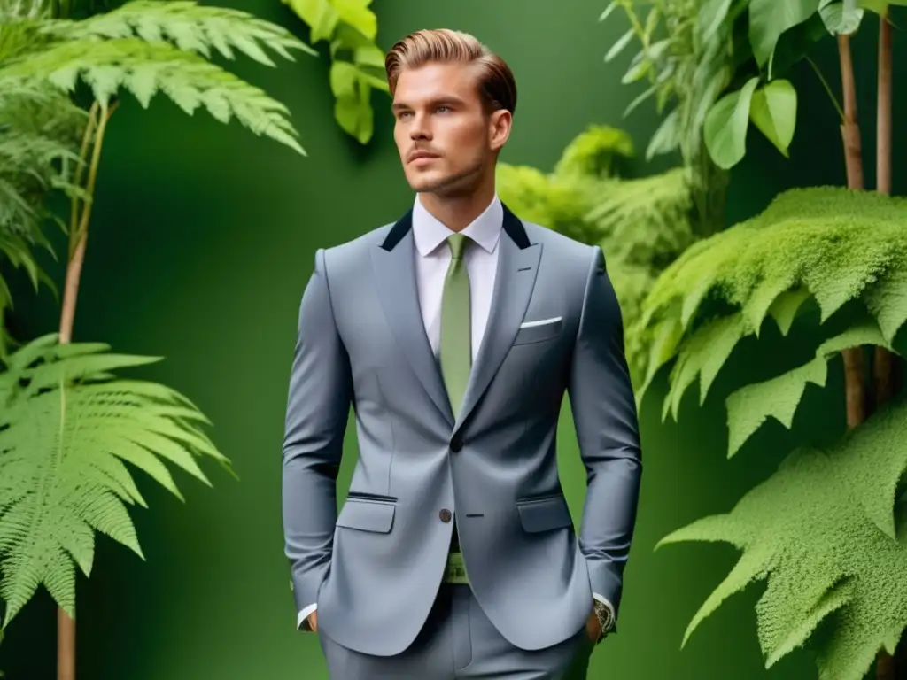 Consejos sostenibles para cuidado masculino: Moda eco para hombres, elegante modelo en traje sostenible, con taller y detalles de costura