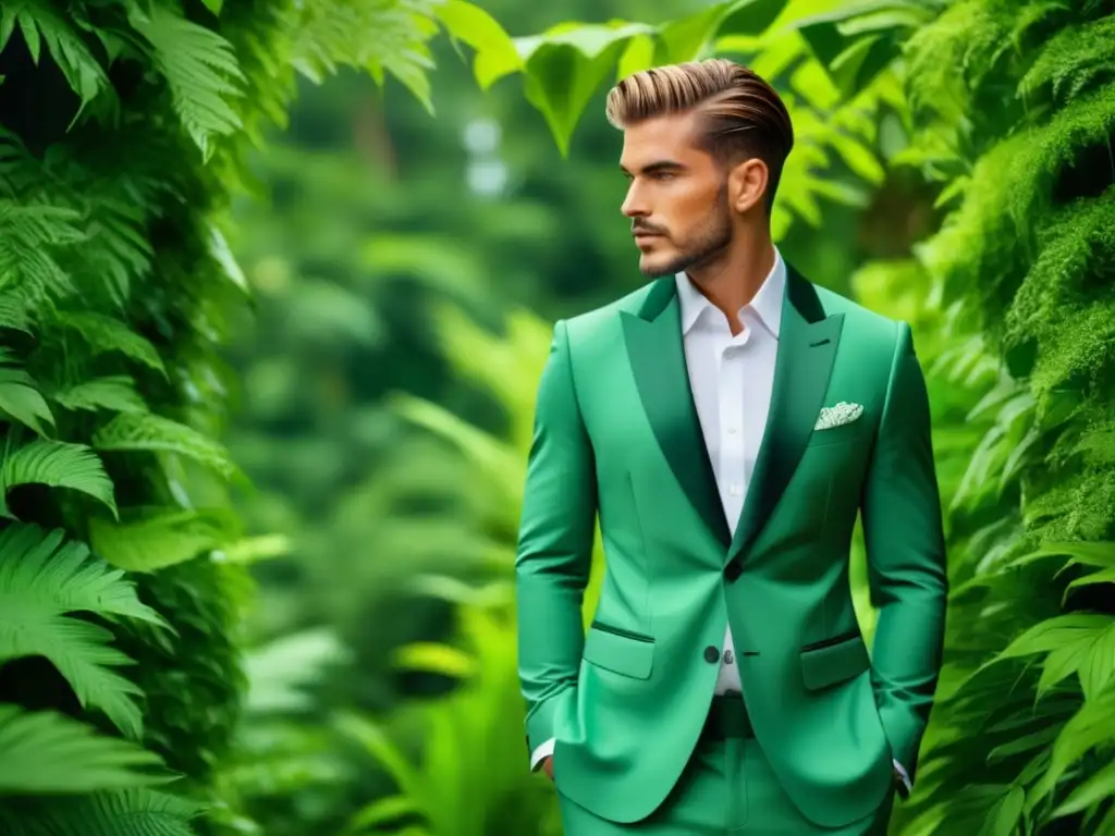 Tendencias moda masculina sostenible: modelo sofisticado en traje ecológico, rodeado de vegetación vibrante