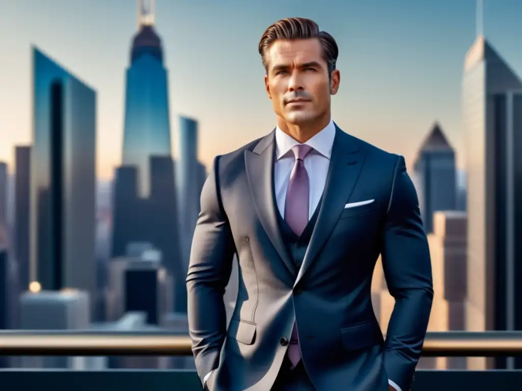 Influencia moda masculina: hombre elegante en la ciudad, traje impecable y actitud segura, éxito profesional