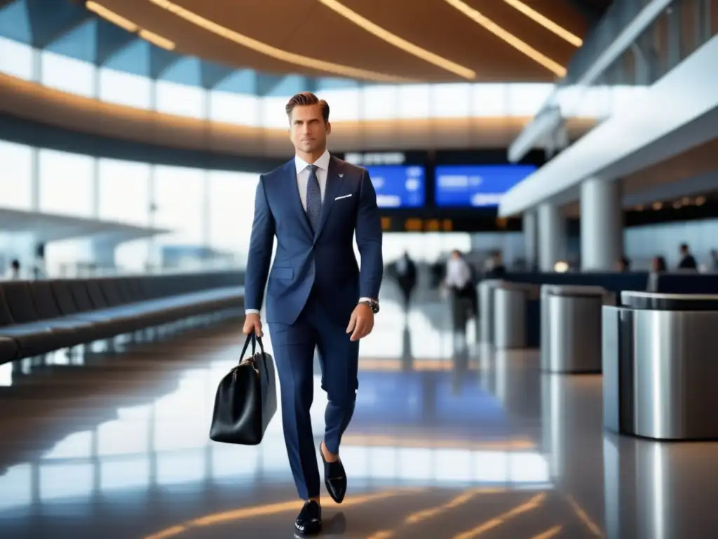 Hombre de negocios bien vestido en aeropuerto moderno, con atención a detalle y estilo