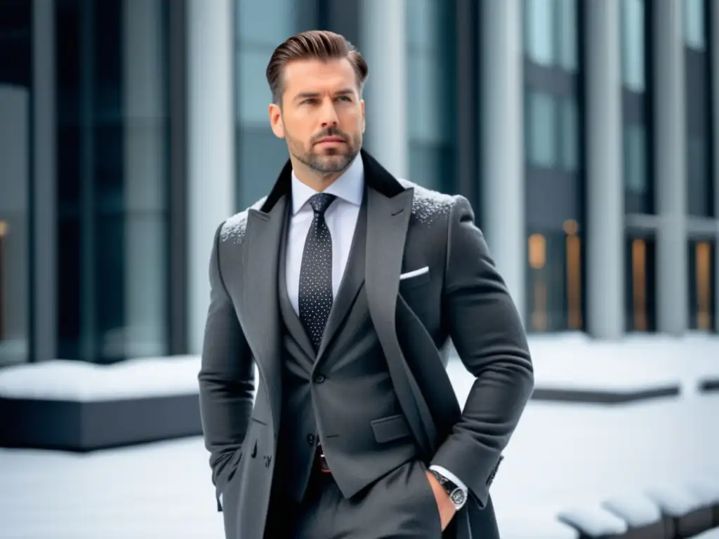 Moda corporativa invierno hombres: Ejecutivo elegante en edificio moderno, invierno nevado