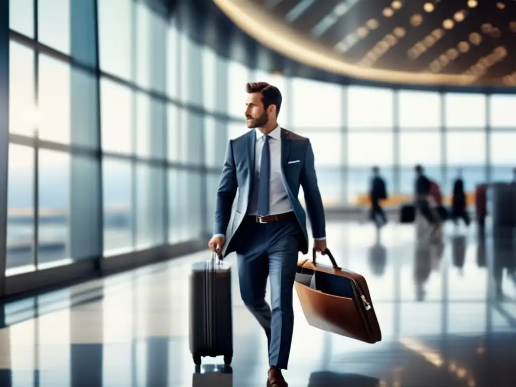 Viajes de negocios: empresario seguro, aeropuerto moderno, maletín de cuero, celular, profesionales trabajando, ambiente profesional y elegante