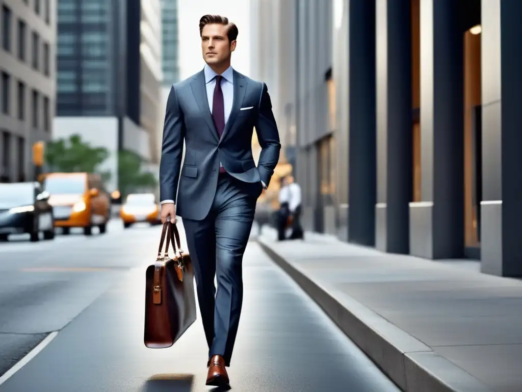 Tendencias moda corporativa masculina: Ejecutivo elegante caminando por la ciudad en traje y accesorios modernos