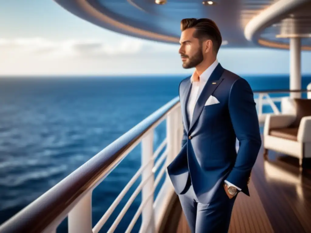 Ropa masculina para crucero elegante, hombre bien vestido en cubierta de lujoso barco, mirando al vasto océano