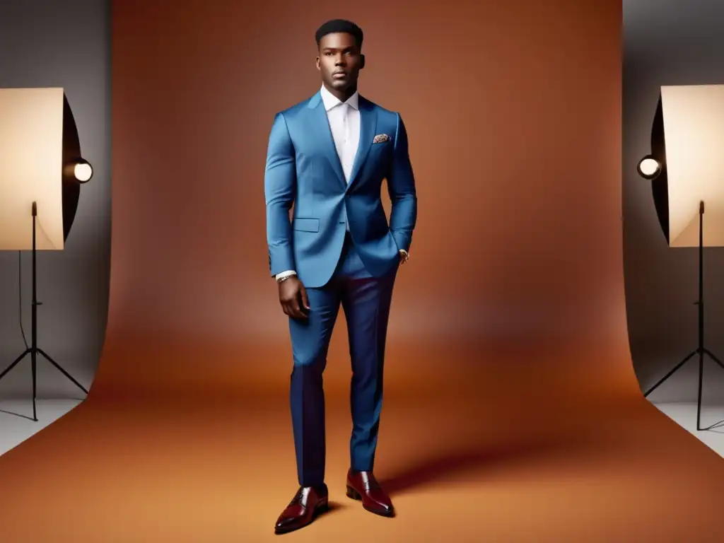 Modelo masculino en traje elegante, estudio moderno