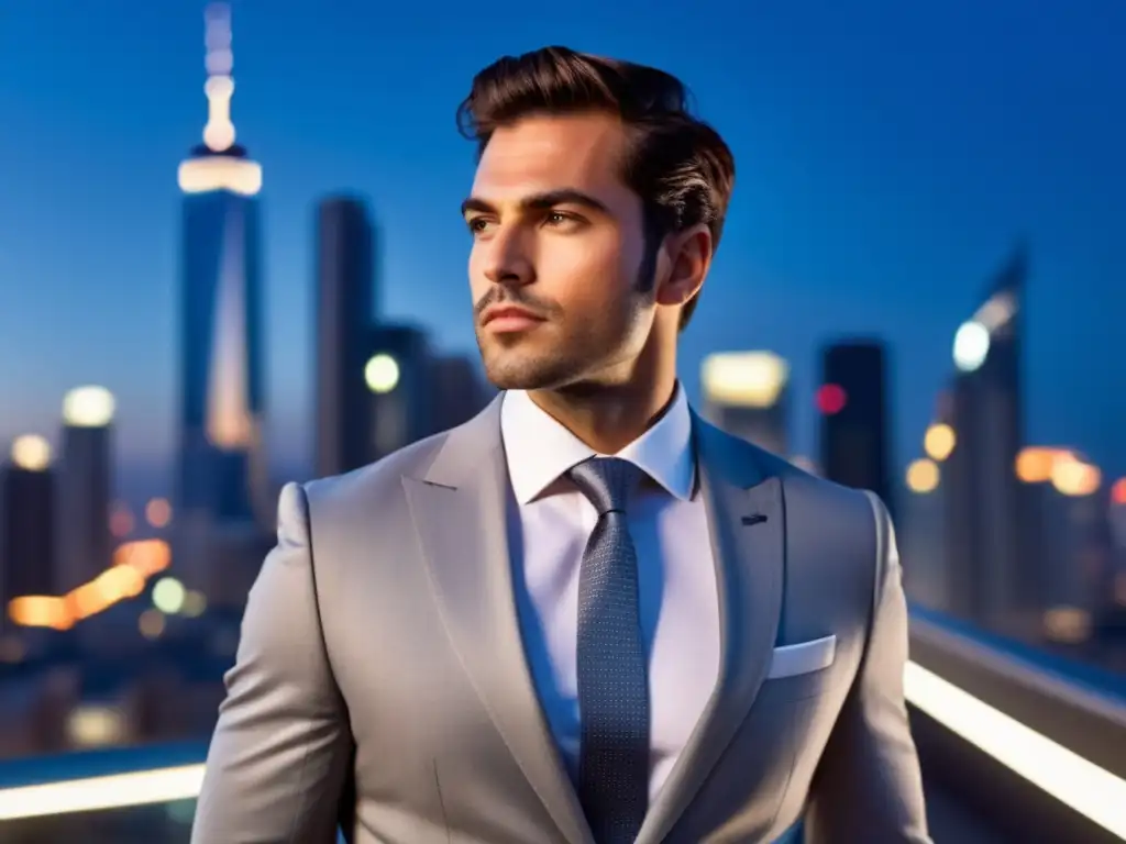 Capturando elegancia masculina: hombre elegante en traje, frente a ciudad contemporánea al atardecer