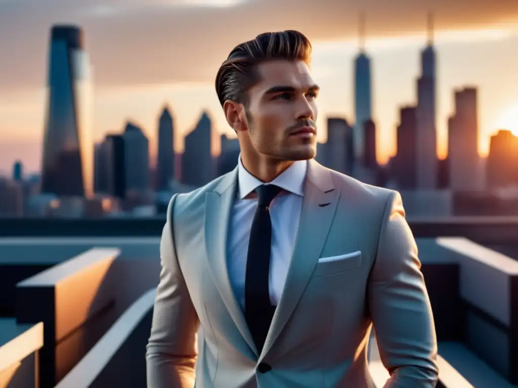 Modelo masculino elegante en entorno urbano, luciendo un traje impecable y seguro de sí mismo