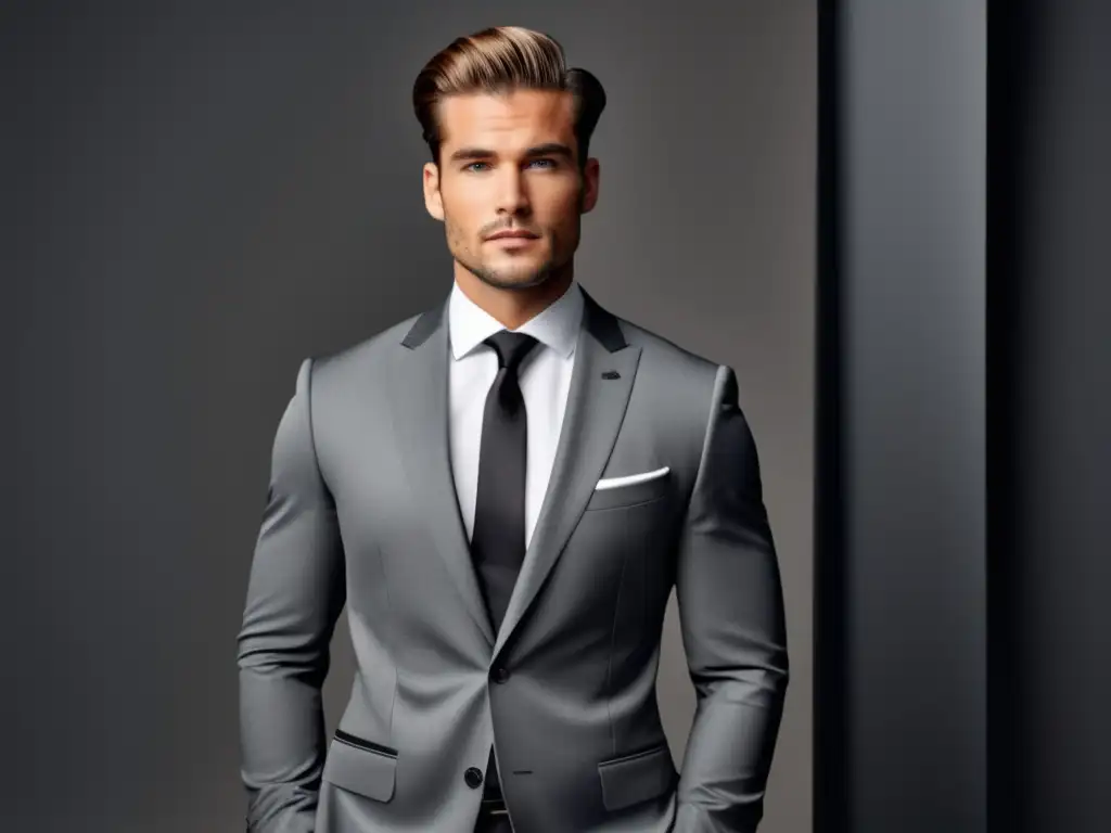 Tendencia moda masculina: modelo elegante en traje gris con camisa blanca, corbata negra y pañuelo gris, destacando colores neutrales