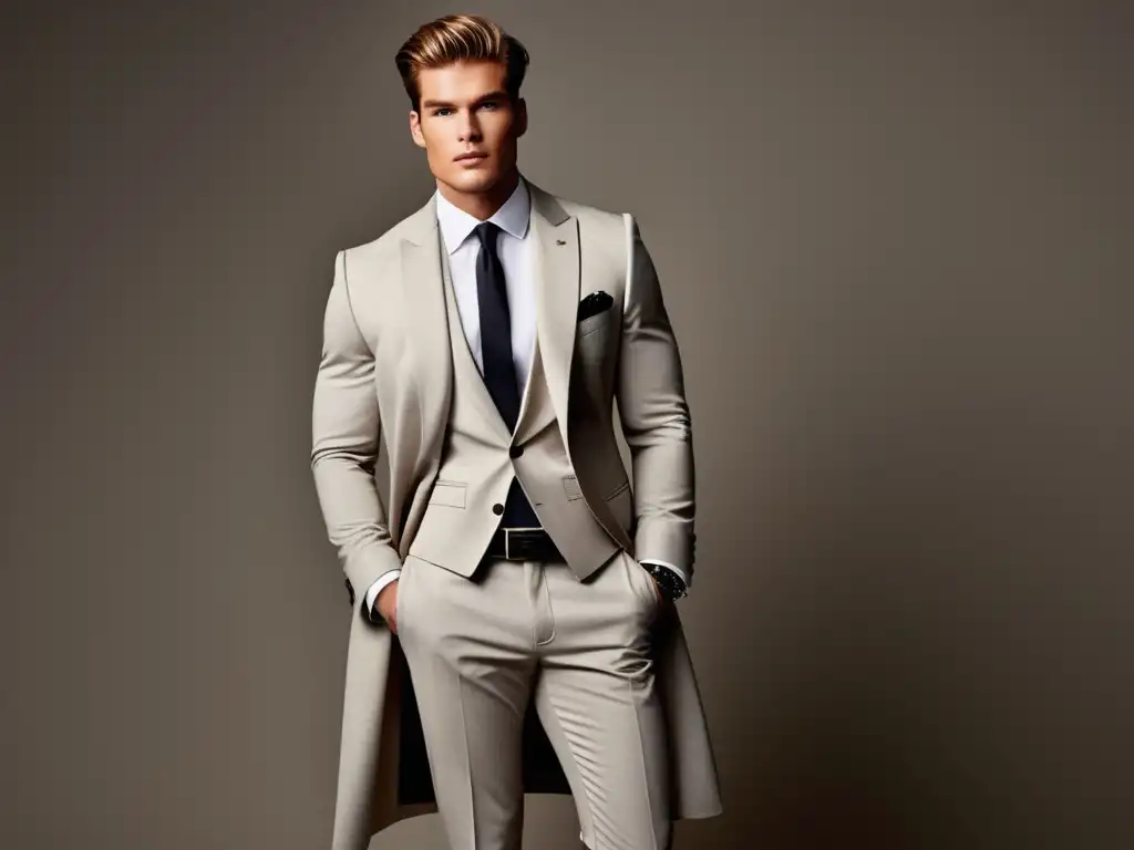 Beneficios colores neutros moda masculina: modelo seguro y sofisticado con traje gris, camisa blanca, abrigo camel y accesorios de cuero negro