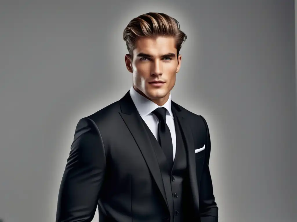 Fotografía de moda masculina elegante: modelo en traje negro, elegante y seguro, con fondo blanco