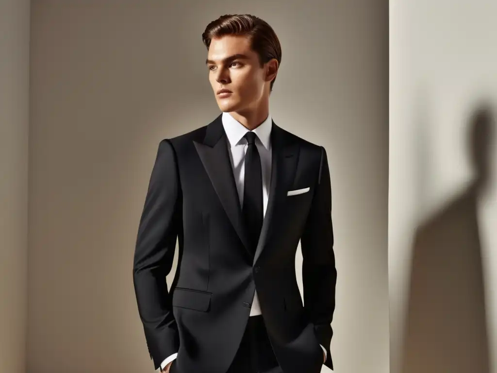 Modelo masculino con traje negro de Stella McCartney, reflejando la tendencia en moda masculina