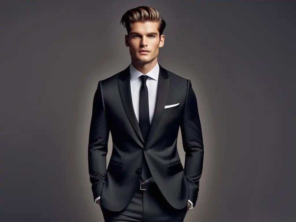 Tendencias moda masculina redefiniendo elegancia: modelo masculino con traje negro ajustado y estilo minimalista