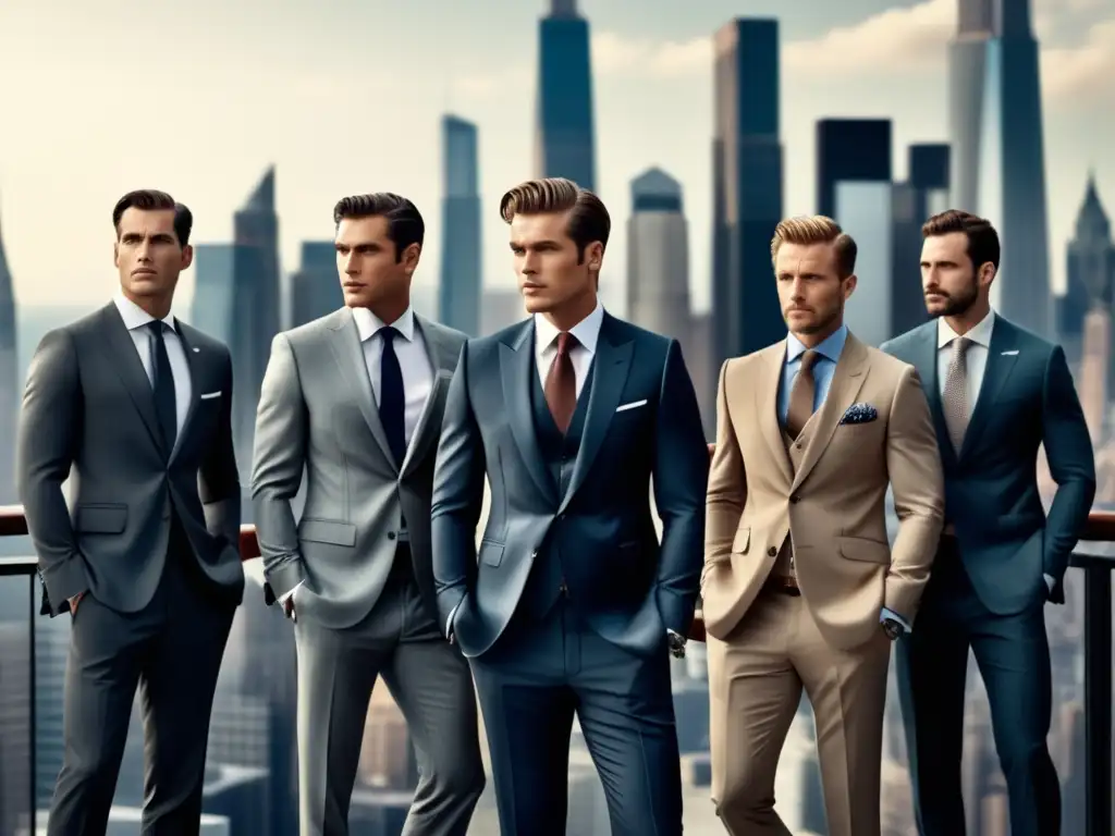 Importancia del branding en moda masculina: grupo de hombres elegantes con trajes sofisticados, en una ciudad vibrante