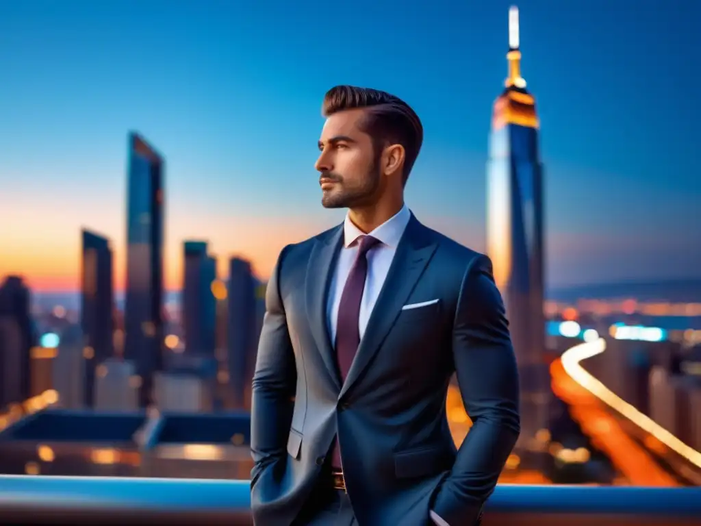 Fotografía estilo masculino perfecto en vibrante ciudad al atardecer