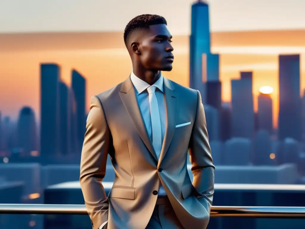 Tendencias moda masculina Calvin Klein: modelo en traje elegante frente a paisaje urbano moderno