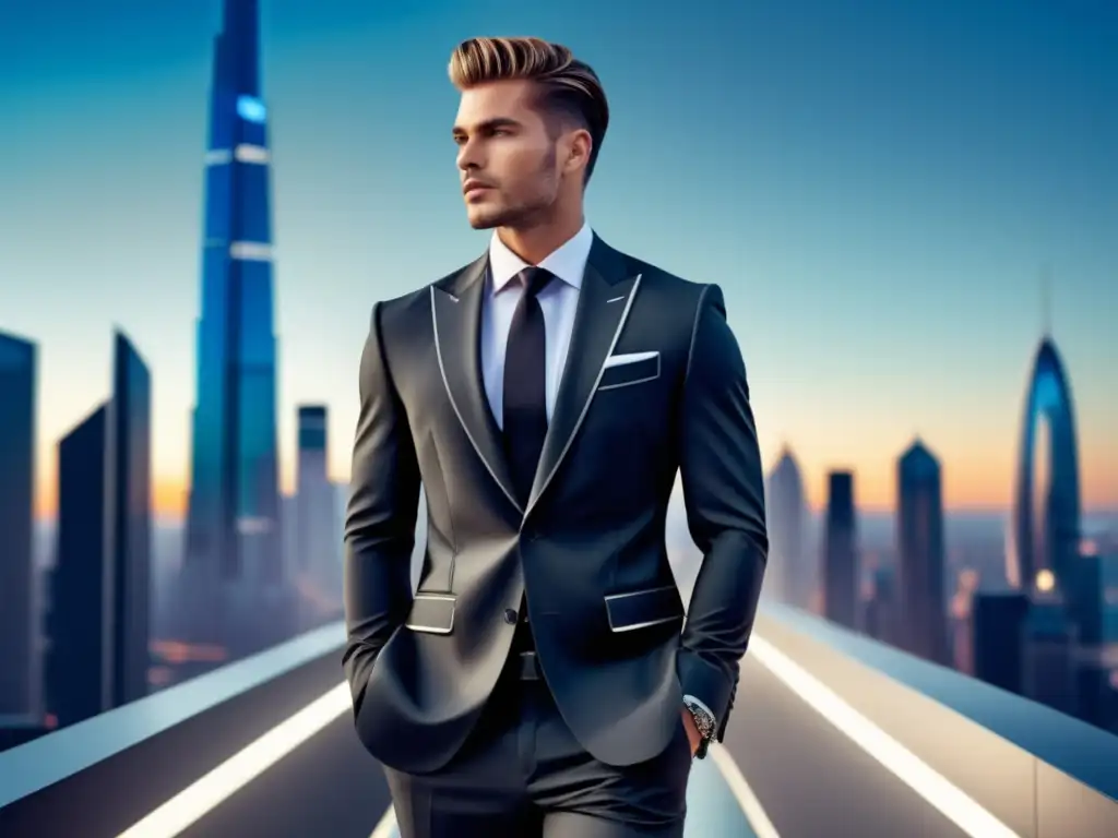 Hombre elegante en traje contemporáneo frente a paisaje urbano futurista