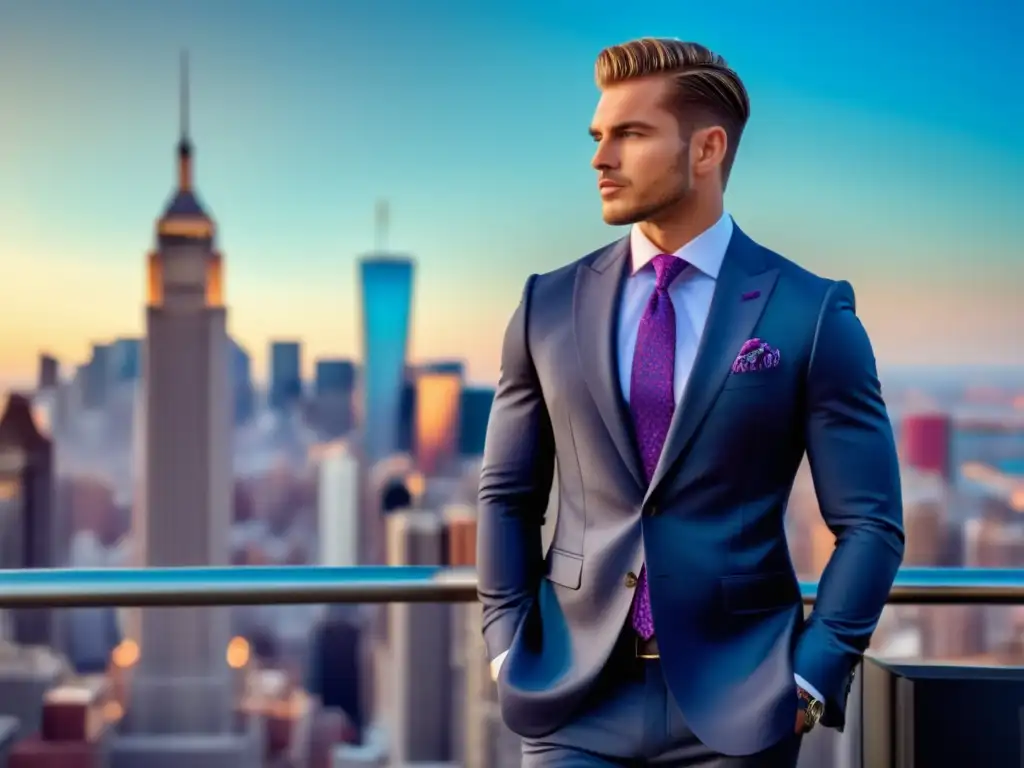 Fotografía estilo moda masculina con modelo en ciudad vibrante y traje impecable, reflejando confianza y estilo