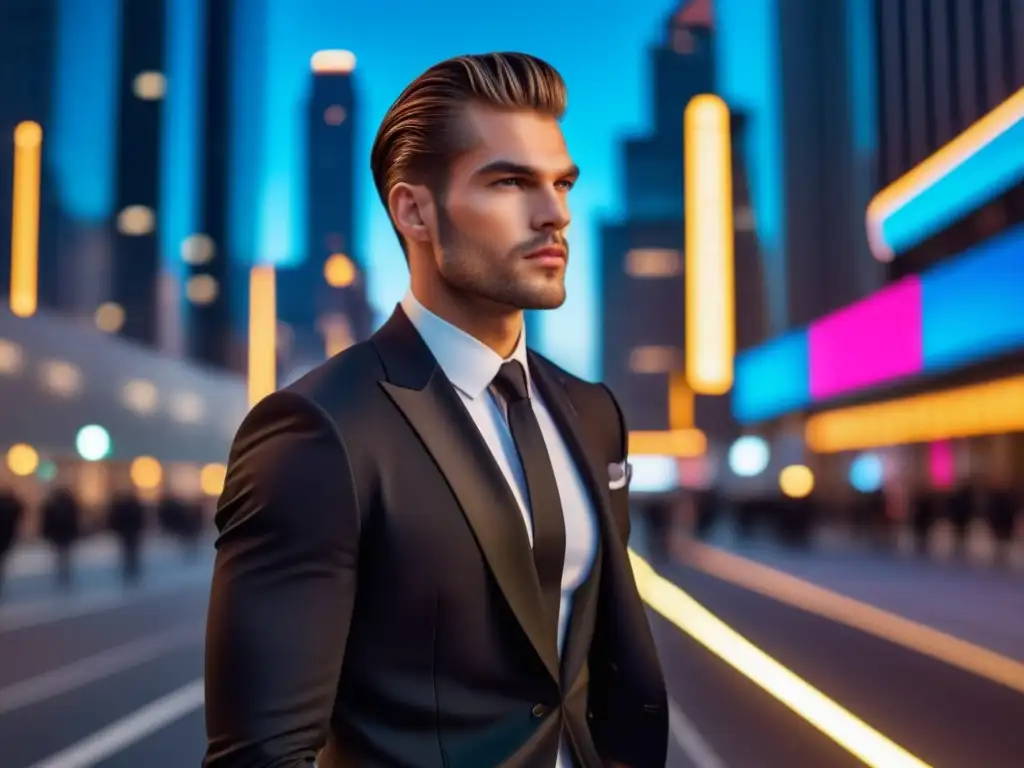 Fotografía de moda masculina urbana con modelo elegante en traje negro, ciudad moderna y luces vibrantes