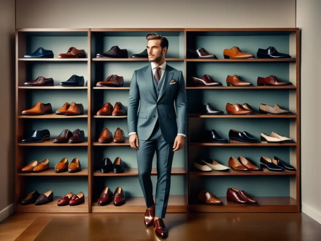 Incorporación de zapatos vintage al estilo masculino: hombre elegante en traje, zapatos pulidos y ambiente moderno