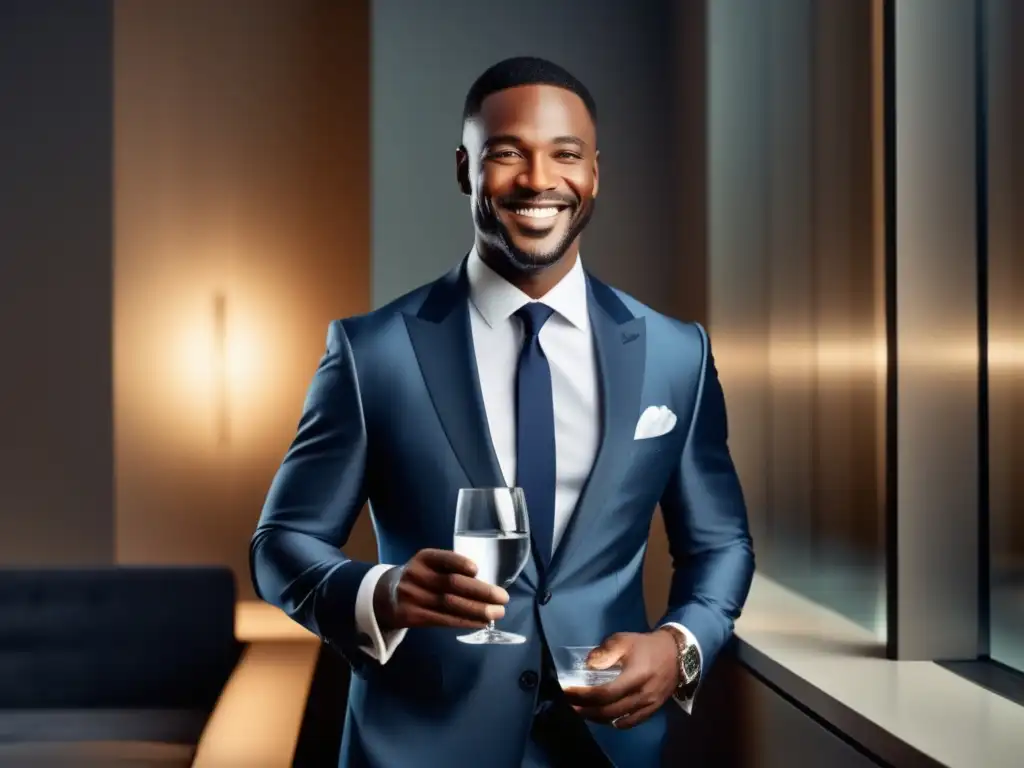 Hombre elegante con vaso de agua, profesional y saludable