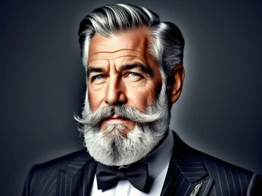 Importancia del color en hombres mayores: barba y cabello gris bien cuidados y estilizados, imagen de confianza y sofisticación