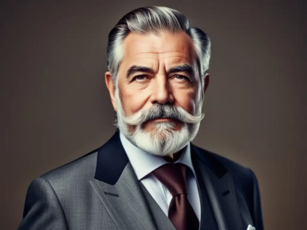 Cuidado de barbas y bigotes en la tercera edad: hombre mayor elegante con barba y bigote bien cuidados, vistiendo traje y mirando confiado a la cámara