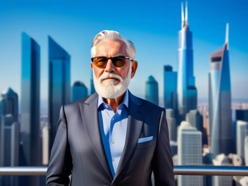 Hombre mayor elegante con gafas estilo tercera edad y traje, en vibrante ciudad (110 caracteres)