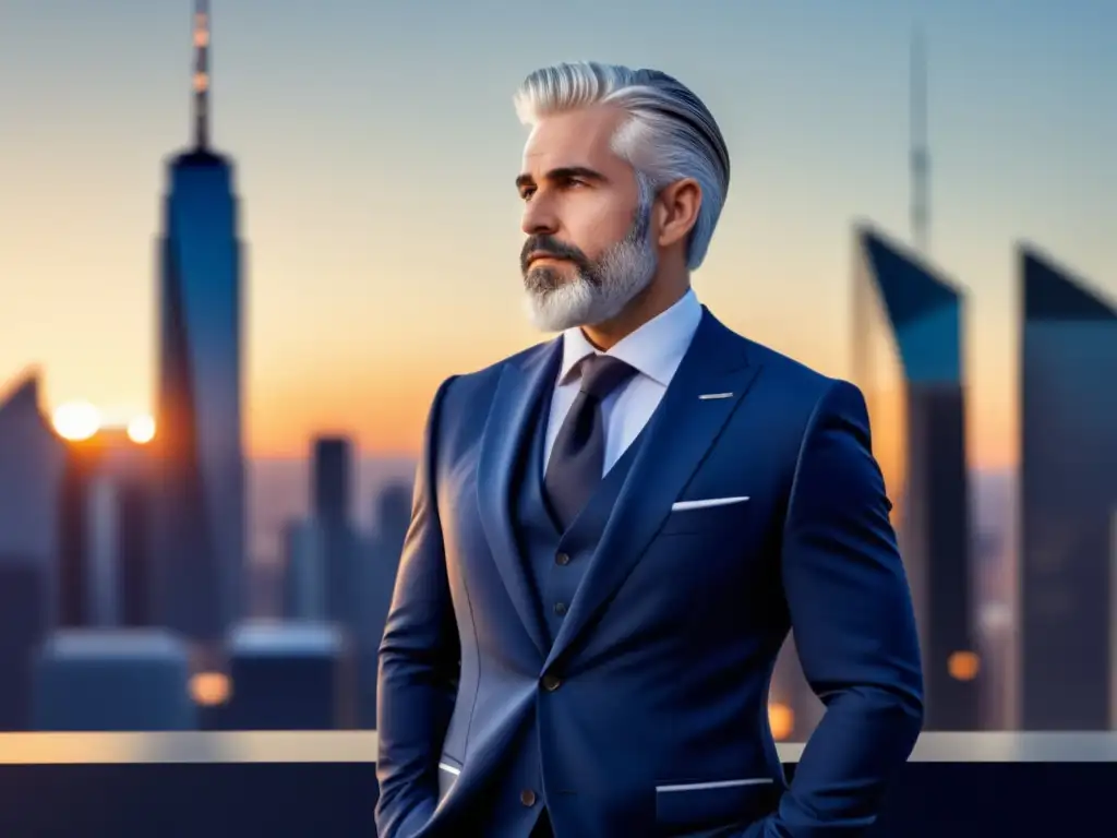 Hombre mayor elegante con traje azul en la ciudad al atardecer, simbolizando la redefinición de la masculinidad en la tercera edad