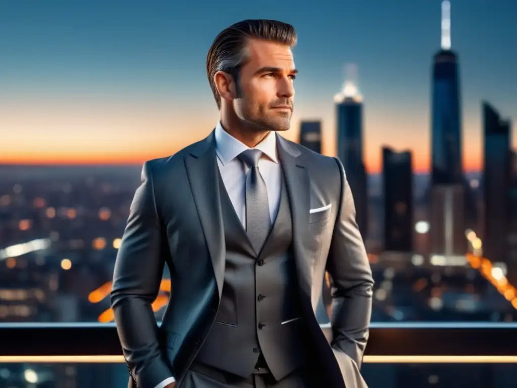 Hombre elegante en ciudad al atardecer con traje gris y maletín de cuero - Consejos para fotos masculinas elegantes