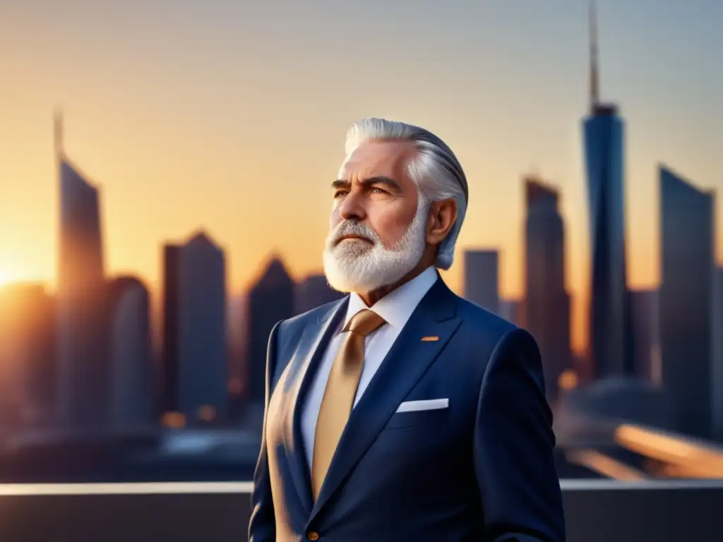 Moda hombres tercera edad: Caballero elegante en traje azul marino frente a la ciudad, con barba plateada y sonrisa serena