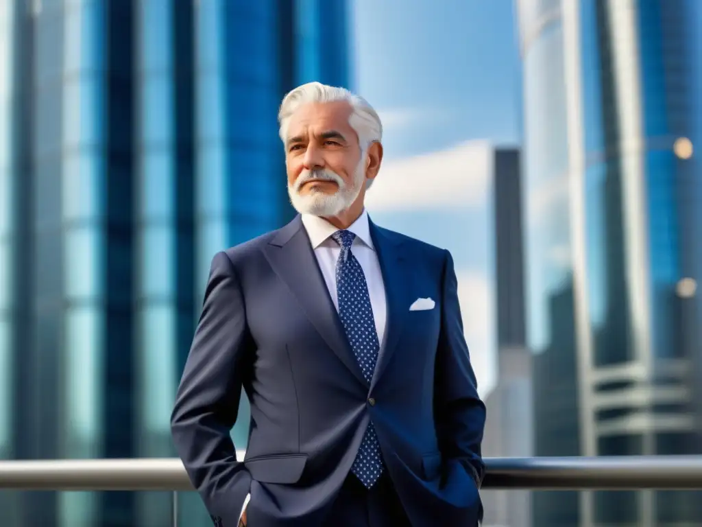 Hombre elegante en traje azul, refleja estilo y sabiduría