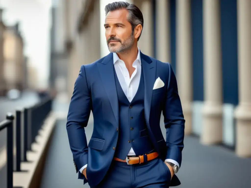 Guía de estilo: hombre maduro, elegante y sofisticado en un traje azul marino, con accesorios refinados y una urbana ciudad de fondo